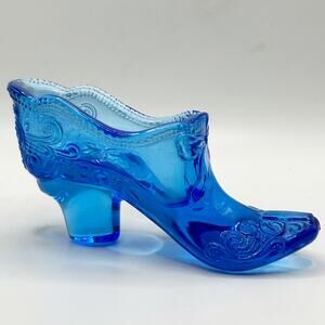 Vintage Mosser Blue Glass Pearls/Scroll and Bow Pattern Slipper Shoe EUC